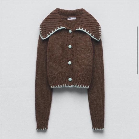 Zara Brown Top Stitch Cropped Sweater Small - Picture 3 of 9